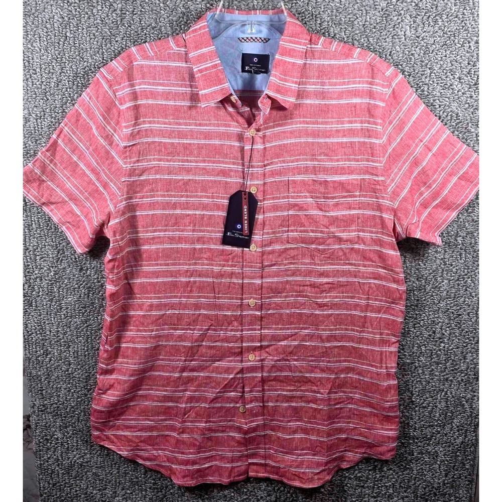 Ben Sherman Button Down Shirt Red Striped Linen Blend - Mens Large